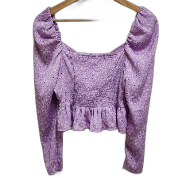 Zara Top Womens M Purple Floral Lace Up Puff Slv Smocked Babydoll Fairycore Y2K - Picture 2 of 9